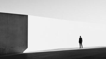 Solitary figure stands at edge of light. Minimalist architectural contrast, creating starkness and isolation. Hope, uncertainty, future. photo