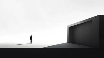 Solitary figure facing architectural structure, monochrome art, standing in the distance under a bright, empty sky in a conceptual scene. photo