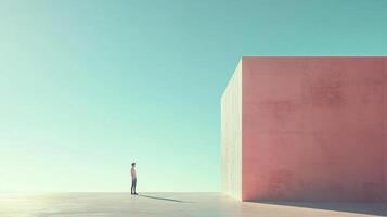 A lone figure contemplates a large, monolithic cube structure under a clear sky, evoking a sense of scale, contemplation and minimalist geometry. photo