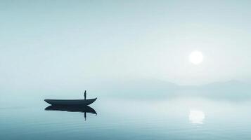 Solitary figure in boat amidst serene waters, bathed in soft light. A moment of quiet reflection on a tranquil journey. photo