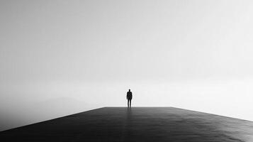 A solitary figure stands on an expansive platform under a cloudy sky, evoking feelings of isolation and contemplation in monochrome. photo