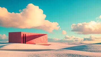 Minimalist architecture in a serene landscape, bathed in soft light with surreal clouds and sand dunes. Dreamy and tranquil scene. photo
