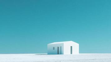 Minimalist white house under a bright blue sky, creating a surreal and serene landscape. Architectural simplicity in a stark environment. photo