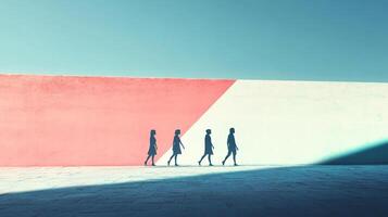 Silhouettes of people walking against a minimalist wall with pink and white sections under a blue sky, creating a sense of geometric isolation. photo