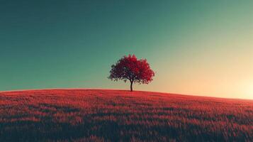 Solitary red tree standing gracefully on a grass hill, contrasting against teal sky. Calmness and serenity in a minimalist landscape. photo