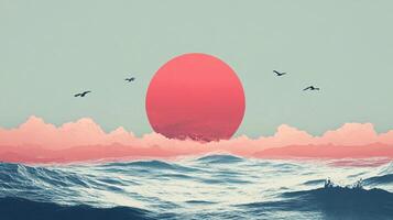 A stylized ocean vista featuring a large red sun setting amidst clouds and birds, rendered in a soft, muted color palette. photo
