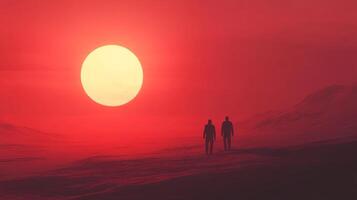 Two figures walk into a sunset that fills the sky with warm orange and red hues, creating a striking visual experience. photo