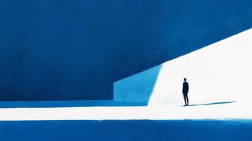 Isolated figure stands illuminated against stark blue backdrop, emphasizing solitude and seeking direction in abstract, minimal composition. photo