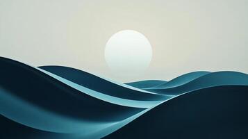 Abstract landscape of undulating blue hills under a bright, celestial sphere, creating a serene and minimalist visual. Waves under light. photo