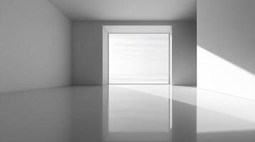 Minimalist white room with a large window framing a bright, serene view. Light and shadow create a clean, modern aesthetic. photo