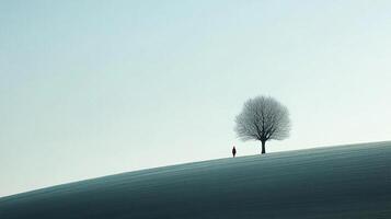 Solitary figure in red stands beside bare tree atop a rolling hill against a pale sky, evoking themes of solitude and minimalism. photo