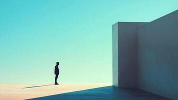 Figure silhouetted against bright sky, positioned near modern geometric architecture, conveying introspection and vastness. Minimalist art. photo