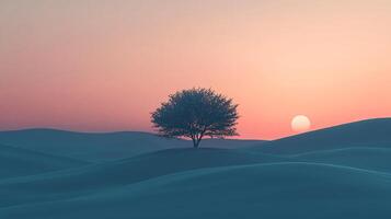 Lone tree silhouette on desert dunes at dusk, serene landscape with muted colors, minimalist, calming, single tree centered photo