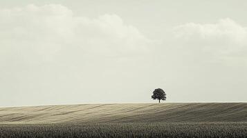 A lone tree stands on a vast, rippling field under a cloudy sky, evoking serenity and the beauty of simple, natural landscapes. photo