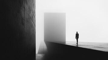 Solitary figure stands at the edge of a minimalist structure, shrouded in mist. The monochrome palette enhances the sense of isolation. photo
