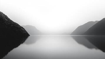 Monochromatic lake scene with mountains shrouded in mist, creating a peaceful and reflective ambiance with sharp contrast and soft gradients. photo