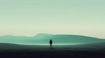 A lone figure walking towards distant mountains, rendered in calming, muted colors, evoking a sense of solitary exploration and reflection. photo