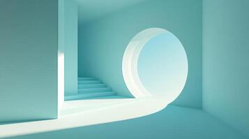 A modern architectural scene featuring a stairwell illuminated by sunlight streaming through a large, circular window. Minimalist and serene. photo
