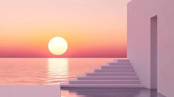 Serene sunset over water, with stairs descending into it next to building, creating a calming surreal aesthetic. photo