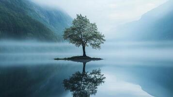 Lone tree reflected on misty lake with mountain backdrop. Serene, tranquil scene. Nature's quiet beauty in muted tones of blues. photo