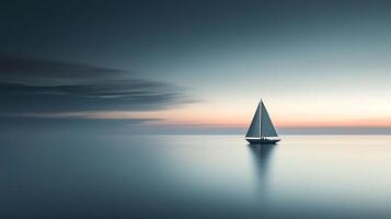 A tranquil seascape with a lone sailboat silhouetted against a gradient sky, reflected in the calm water, creating a sense of serenity. photo