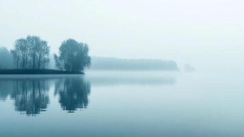 Misty lake view with serene reflections of lakeside trees enveloped in ethereal fog, creating a tranquil and calming natural scenery. photo