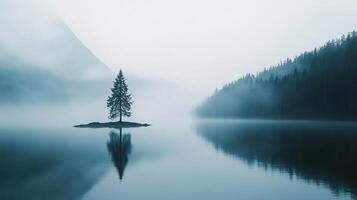 Solitary tree reflecting in serene lake waters, surrounded by misty mountains and forests, creating a calming scene. photo
