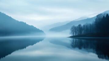 A tranquil landscape featuring mountains shrouded in mist, reflected in the calm waters of a lake, creating a serene atmosphere. photo