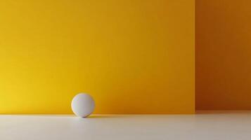 A bright yellow wall frames a simple, serene scene with a single white sphere on a light surface, embodying minimalistic art and calm. photo