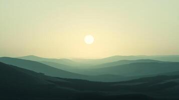 Layered mountain landscape under a bright, hazy sun. A serene and minimalist natural scene with a soft, ethereal quality. photo