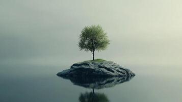 Solitary tree on rock island, reflected in still water under a misty sky. Calm landscape with cool tones and minimalist design. photo