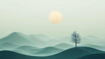 Minimalist landscape with rolling hills, a single tree, and a serene sun. A tranquil and calming composition that evokes a sense of peace. photo