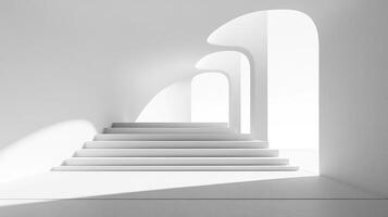 Minimalist white staircase ascending towards archways bathed in soft, natural light, creating a serene and modern architectural scene. photo