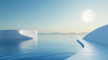A serene, minimalist seascape with geometric shapes and a soft, calming color palette under a bright, hazy sun. Very peaceful and relaxing. photo
