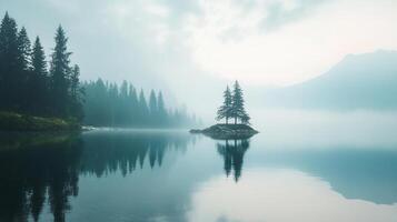 Serene lake landscape with misty forest backdrop and a tiny island hosting a pair of trees, reflected in the calm water. photo