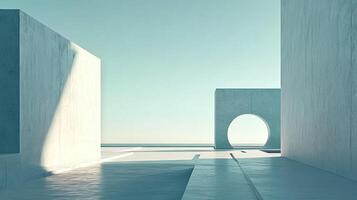 Minimalist architectural design showcasing clean concrete structures against a serene sky and distant ocean backdrop in a clean, modern aesthetic. photo
