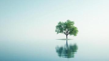A solitary tree stands on a small patch of land surrounded by calm water, mirroring the tree in a serene and minimalist landscape. photo