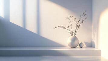 Minimalist room corner with window light, bare branches in a round vase, and a small spherical object on a white platform. photo
