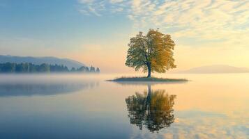Lone tree reflecting on a serene lake surface during sunrise. Calm waters and misty background create a peaceful nature scene. photo