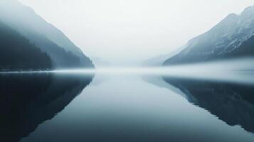 Misty lake reflection with serene mountains creating a peaceful landscape under a fog-shrouded sky reflecting on the water's surface. photo