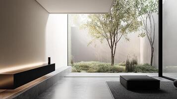 Minimalist interior with view of outdoor garden, serene and contemporary living space with natural light and sleek design elements. photo