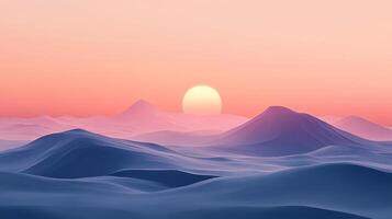 A serene landscape of rolling mountains under a pastel sky, with the soft glow of the setting sun casting a warm light on the scene. photo