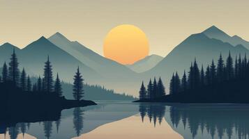 Minimalist mountain landscape with a serene lake reflecting the setting sun, creating a peaceful and tranquil atmosphere. photo