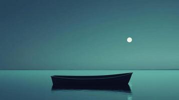 A solitary boat rests peacefully on the calm water under the soft glow of the moon, evoking a sense of tranquility and serenity. photo