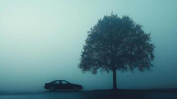 A sedan parks near a towering tree in heavy fog. The tree's silhouette stands out against the hazy sky. The setting is serene and mysterious. photo