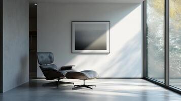 Minimalist interior with lounge chair and ottoman under framed print, illuminated by natural light from nearby window. photo