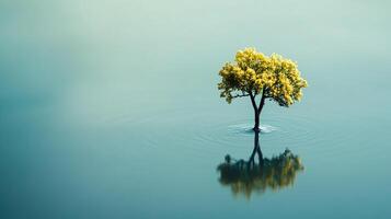 A solitary tree with yellow leaves stands in serene waters, reflecting on the calm surface, creating a peaceful and contemplative scene. photo