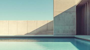 Minimalist architecture meets serene waters under a bright, clear sky, creating a modern and tranquil pool area. Relaxing ambiance. photo