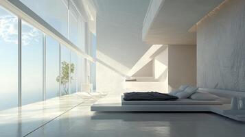 Minimalist bedroom with ocean view, featuring a low platform bed and a serene color palette for a relaxing and luxurious experience. photo