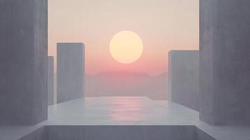 Minimalist architectural design featuring geometric concrete structures under a soft, ethereal sunset. A tranquil and serene composition. photo